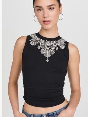 Alice + Olivia Kappa Black Embellished Cropped Tank Top size LARGE